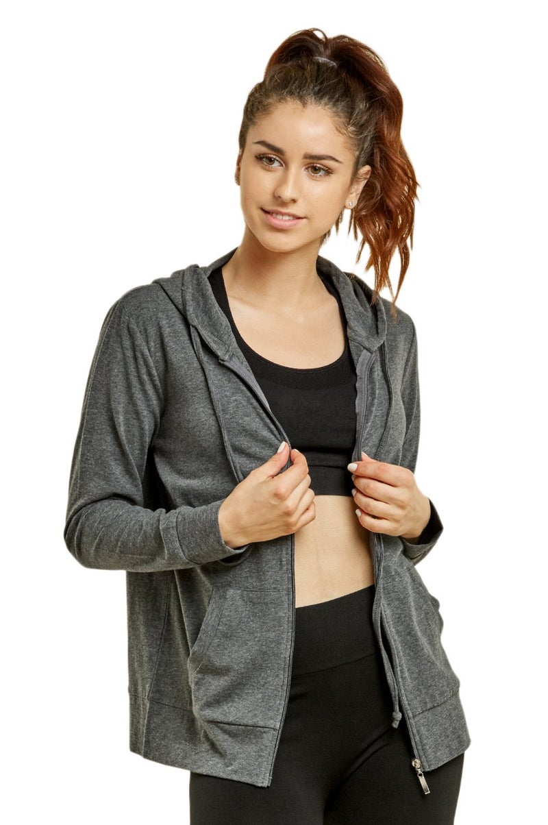 Sofra Women's Thin Cotton Zip Up Hoodie Jacket, Charcoal, Large - Image 1